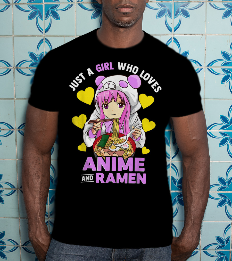 Just A Girl Who Loves Anime And Ramen Panda Hoodie Pink Hair T-Shirt