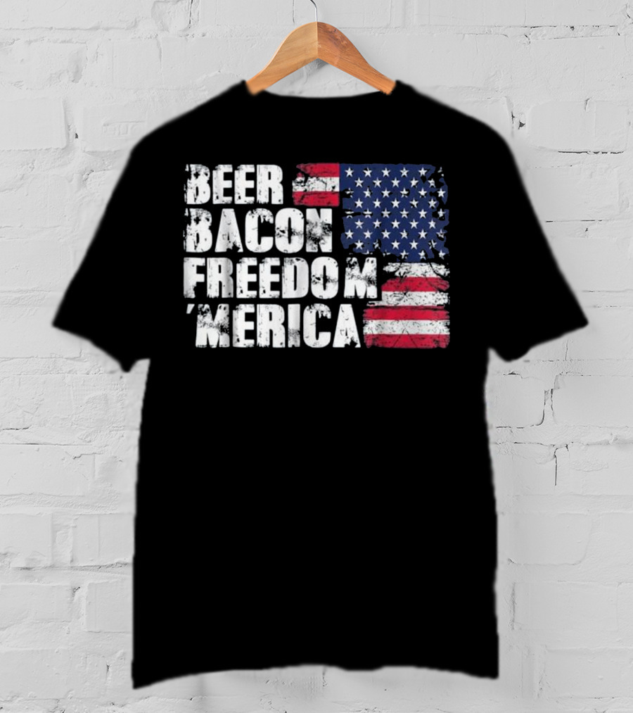 Beer Bacon Freedom Merica American Flag Patriotic T-Shirt