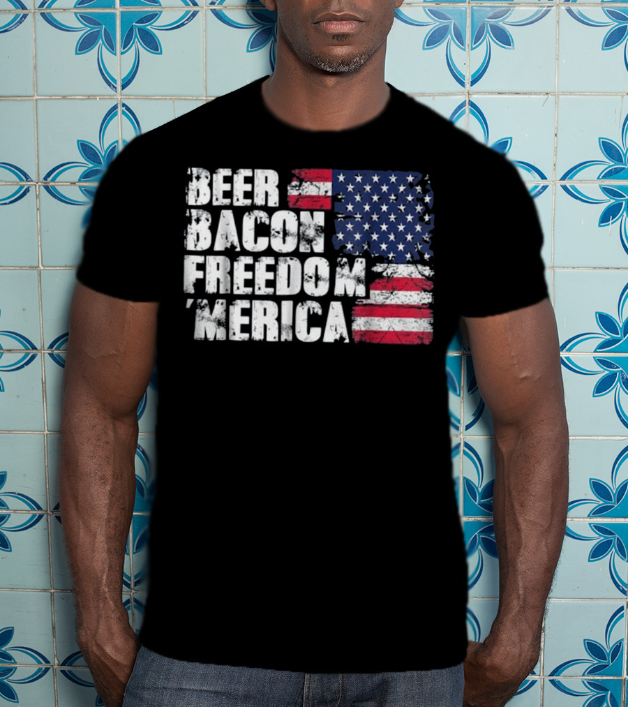 Beer Bacon Freedom Merica American Flag Patriotic T-Shirt