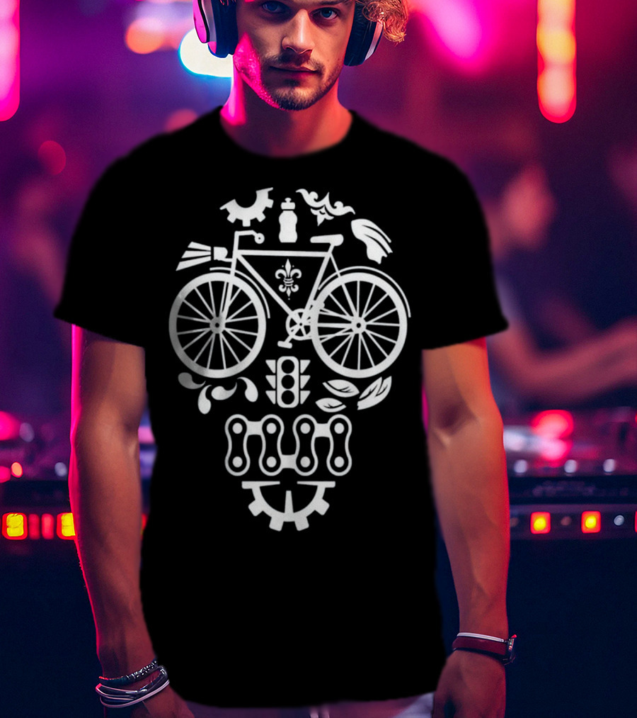 Humorous Cycling Skull With Bicycle Motif And Chain Design Elements T-Shirt