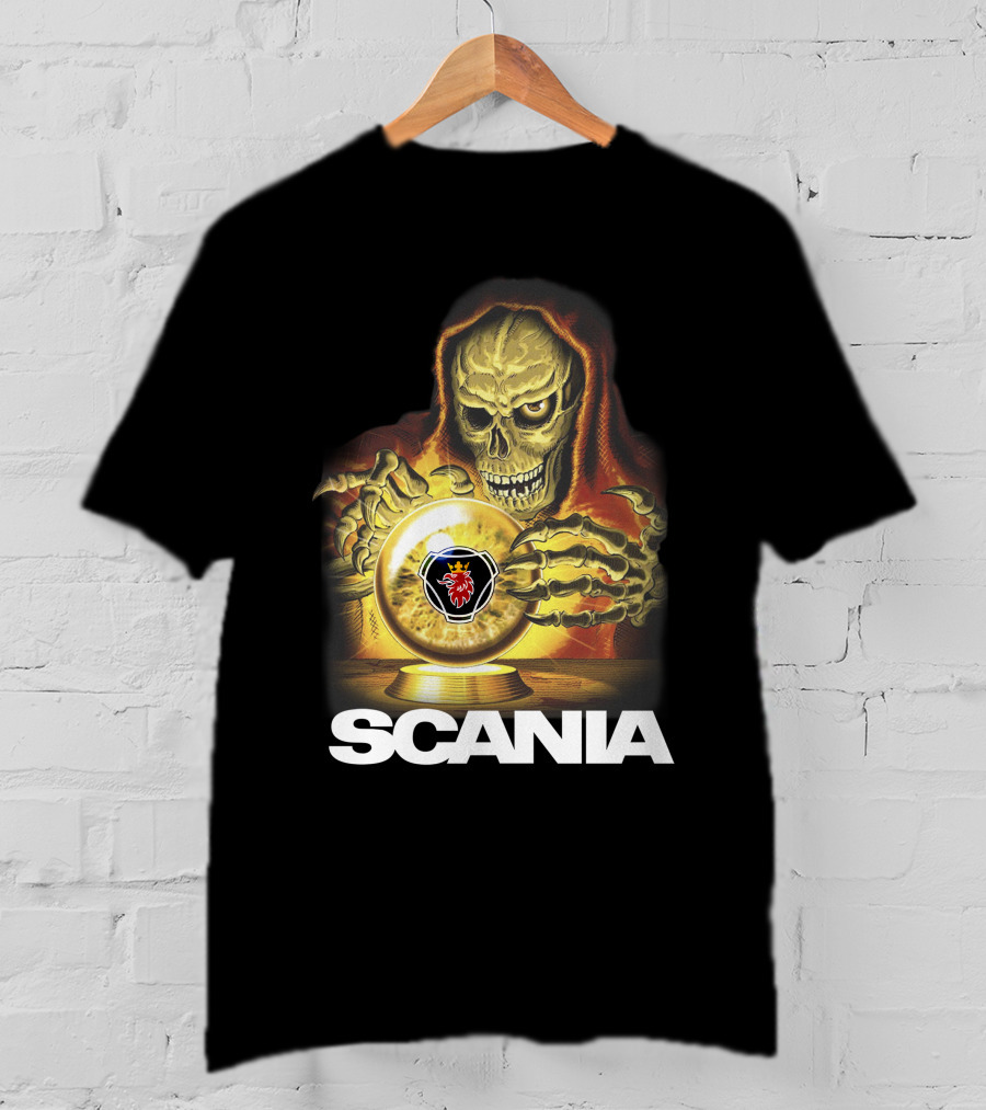 SCANIA Skeleton Hooded Figure With Crystal Ball And Red Lion Emblem T-Shirt