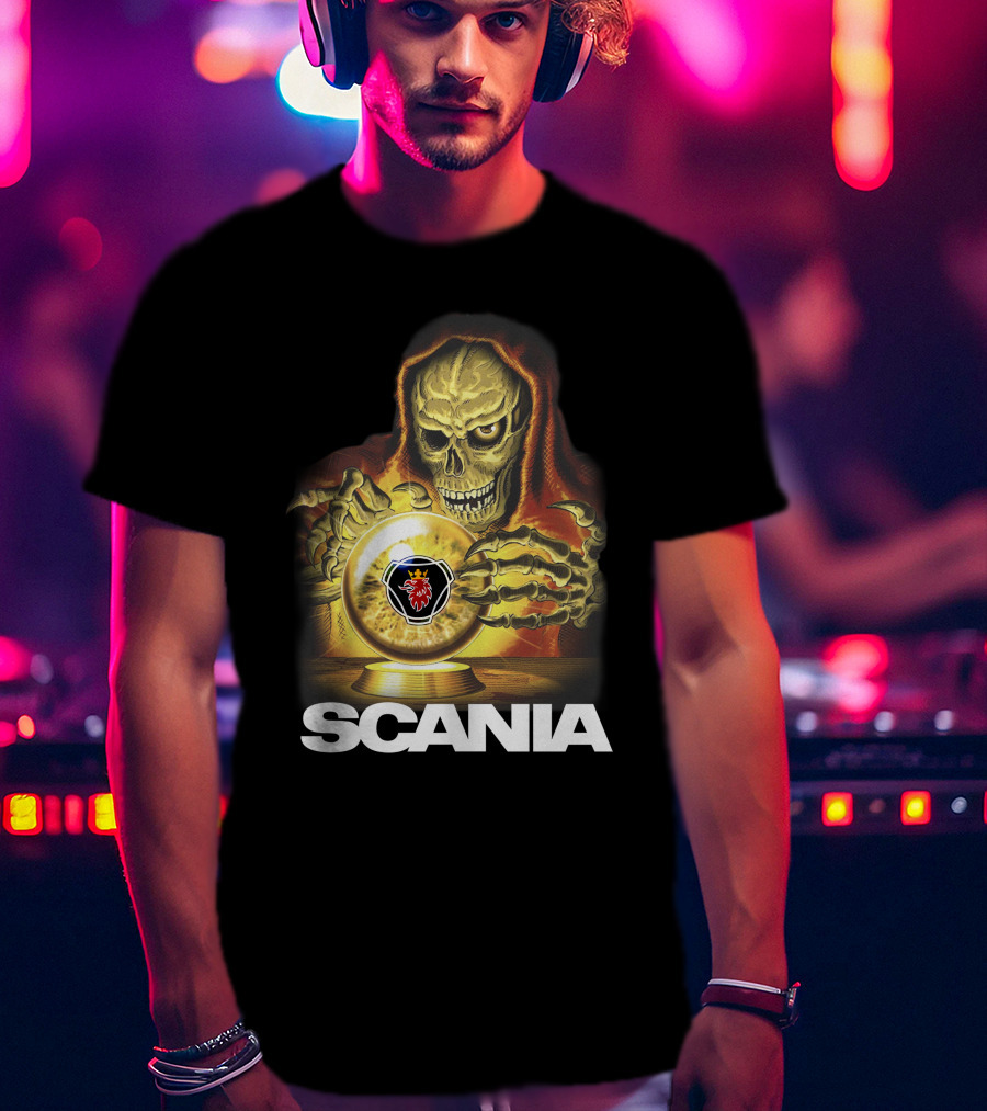 SCANIA Skeleton Hooded Figure With Crystal Ball And Red Lion Emblem T-Shirt