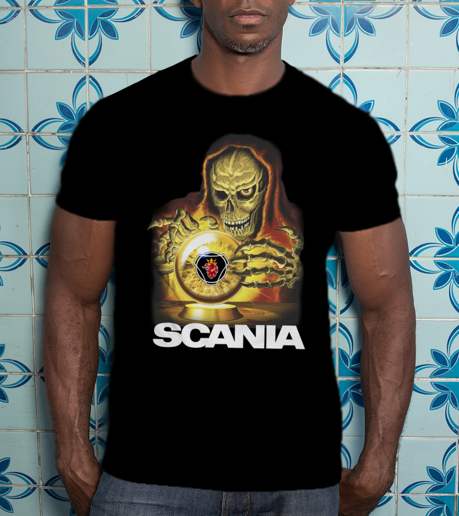 SCANIA Skeleton Hooded Figure With Crystal Ball And Red Lion Emblem T-Shirt
