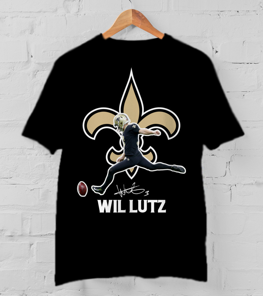 Wil Lutz New Orleans Saints Kicking Action Fleur-de-Lis T-Shirt