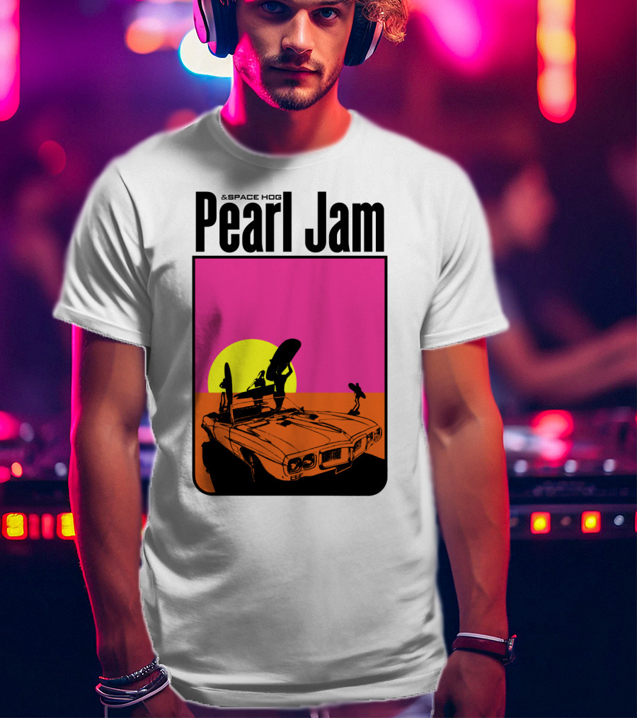 Pearl Jam & Space Hog Surfing Graphic Car Sunset T-Shirt