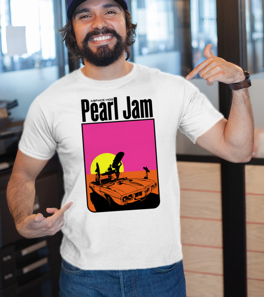 Pearl Jam & Space Hog Surfing Graphic Car Sunset T-Shirt