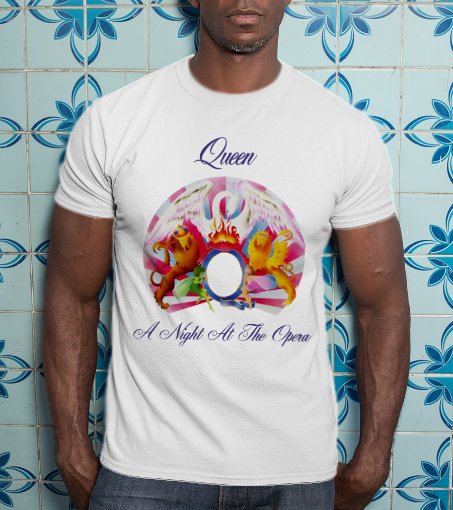 Queen A Night At The Opera Album Cover Art With Colorful Mythical Creatures And Winged Symbolism T-Shirt