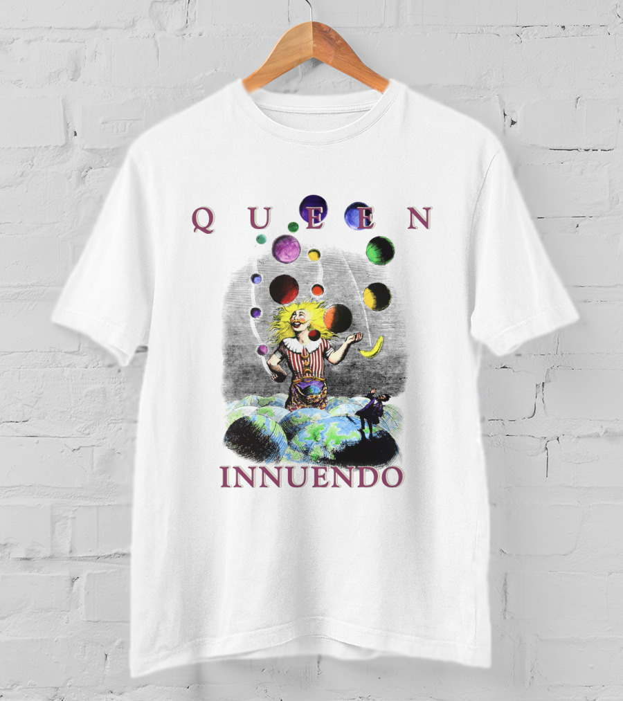 Queen Innuendo Juggling Planets And Moons Clown Surreal Artwork T-Shirt