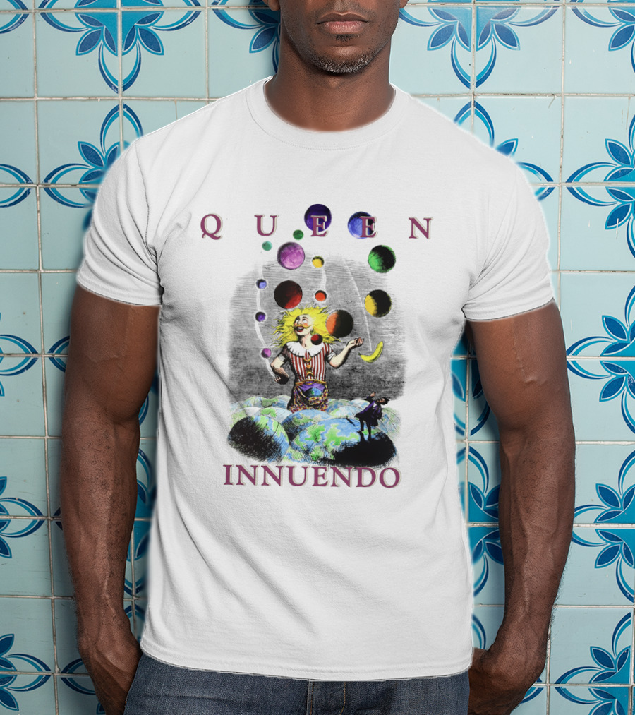 Queen Innuendo Juggling Planets And Moons Clown Surreal Artwork T-Shirt