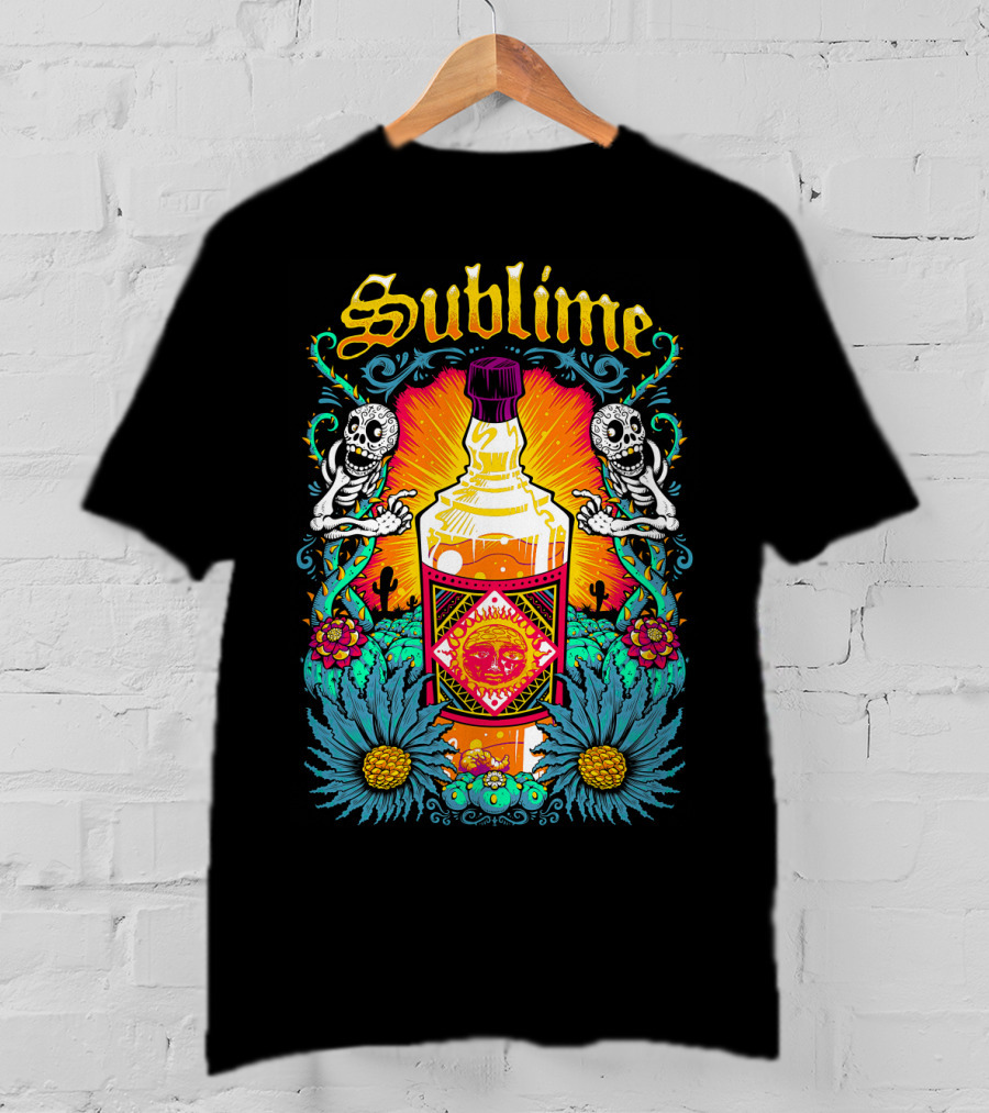 Sublime Tequila Bottle With Skeletons And Flowers T-Shirt