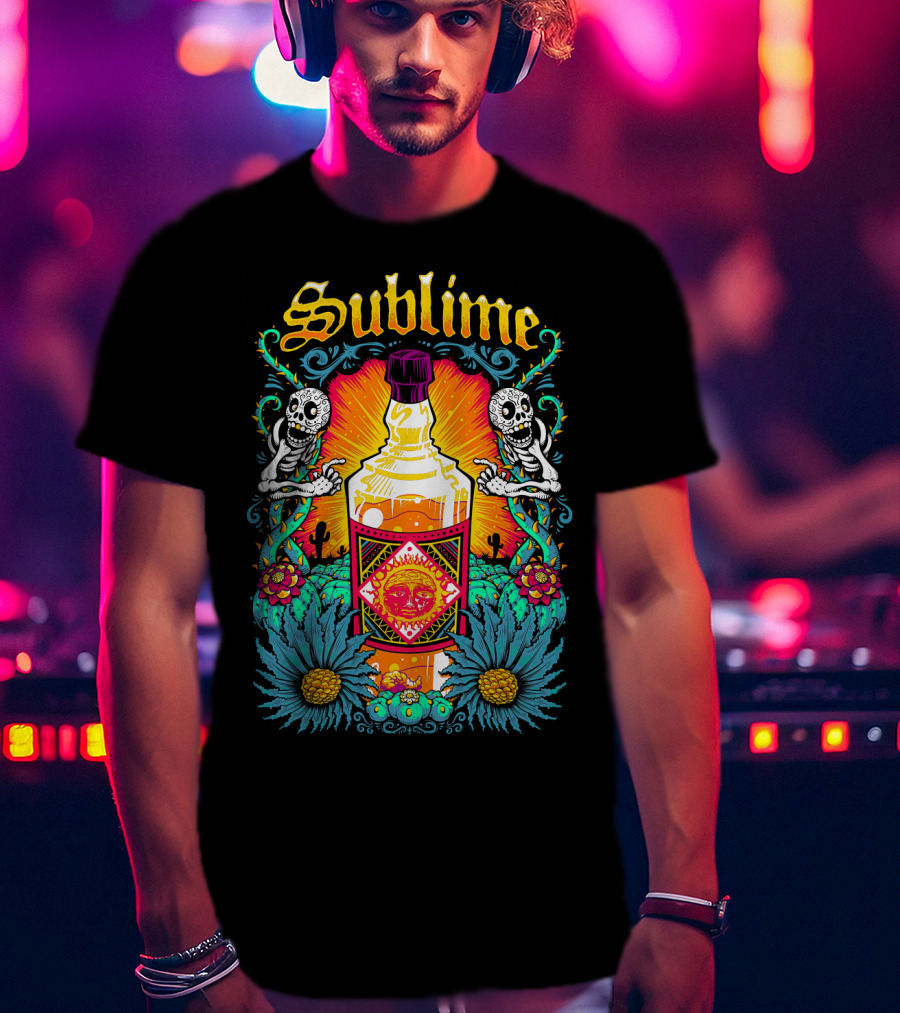 Sublime Tequila Bottle With Skeletons And Flowers T-Shirt
