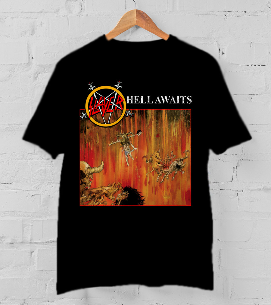 Slayer Hell Awaits Logo With Demonic Falling Figures And Fiery Scene T-Shirt