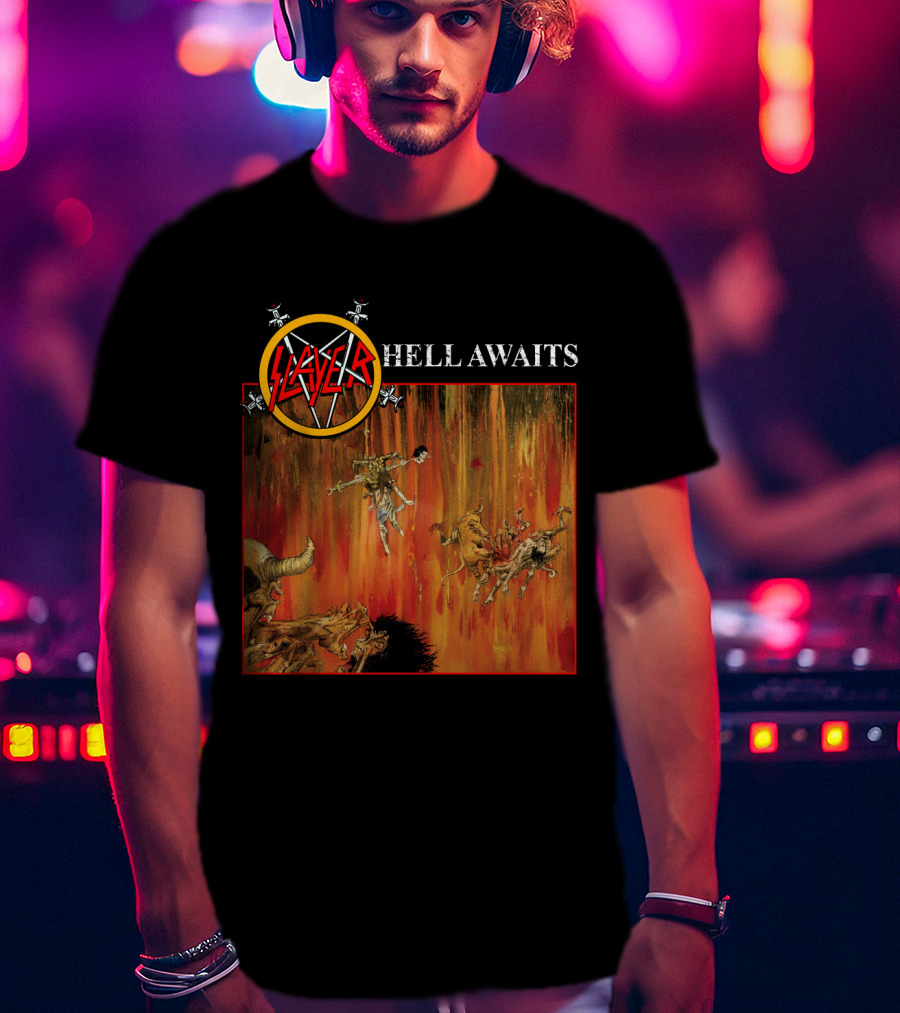 Slayer Hell Awaits Logo With Demonic Falling Figures And Fiery Scene T-Shirt