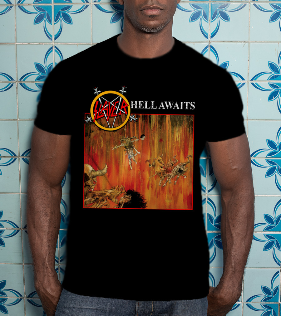 Slayer Hell Awaits Logo With Demonic Falling Figures And Fiery Scene T-Shirt