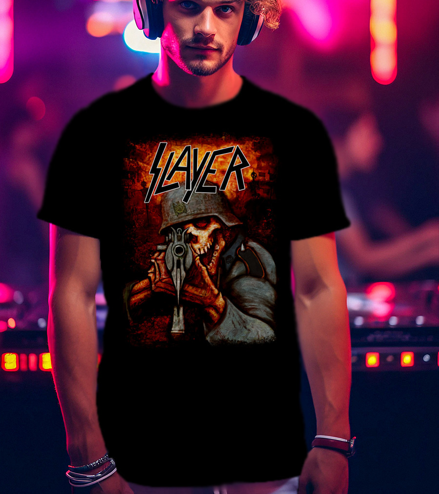 Slayer Hellish Soldier Skeleton Aiming Gun Blaze T-Shirt