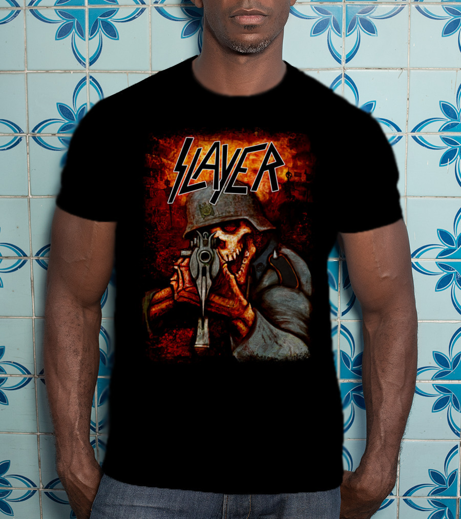 Slayer Hellish Soldier Skeleton Aiming Gun Blaze T-Shirt