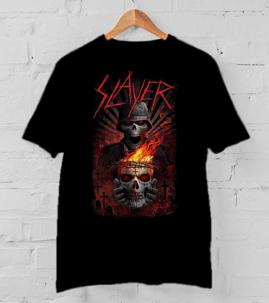 Slayer Skull Soldier With Fiery Crown And Crosses T-Shirt