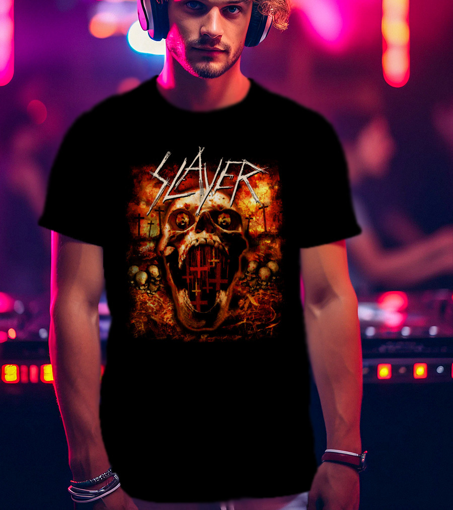 Slayer Skull Flames Crosses Metal Band Art T-Shirt