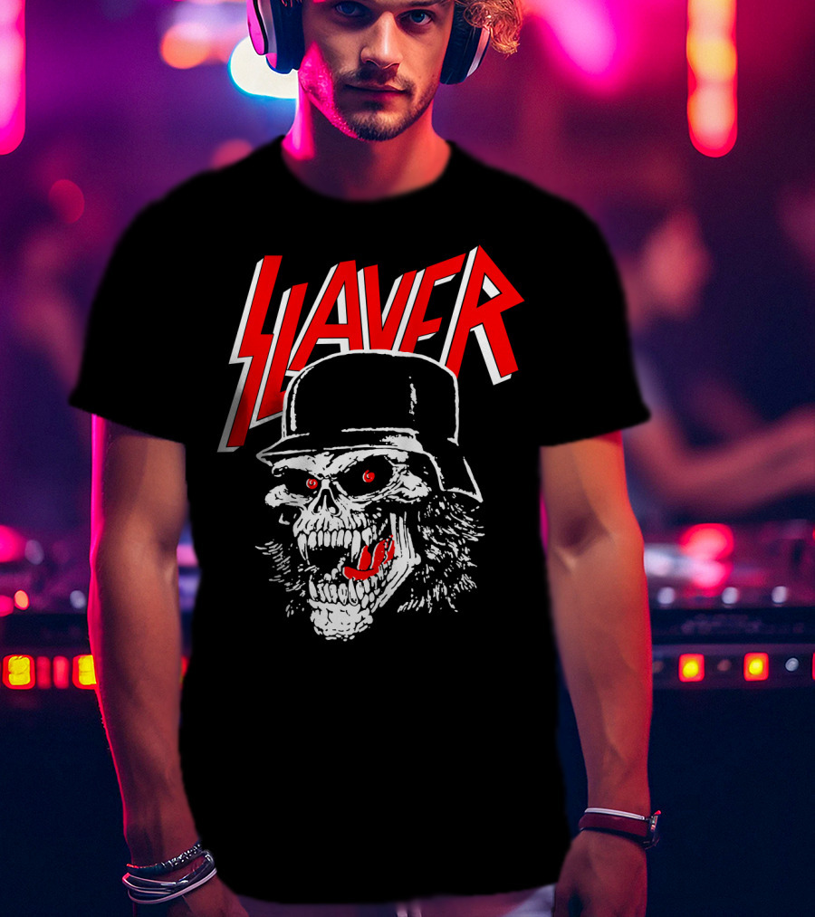 Slayer Skull With Helmet And Red Eyes T-Shirt