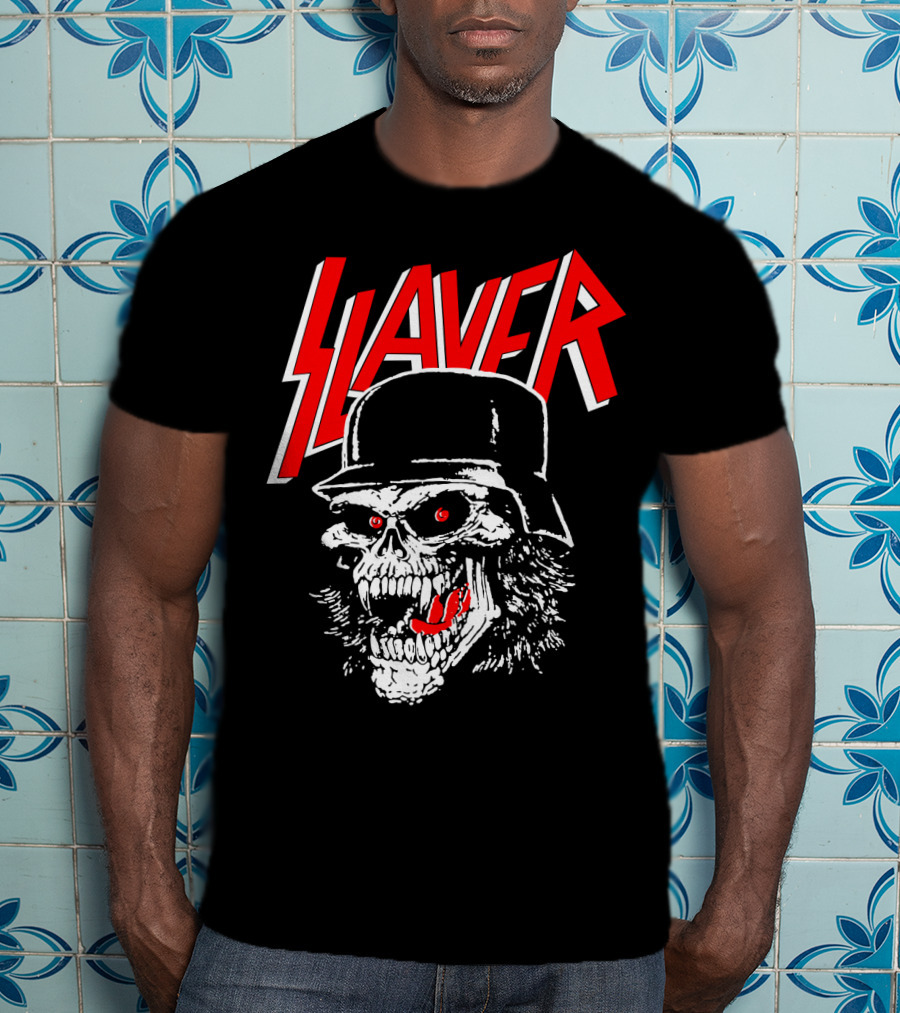Slayer Skull With Helmet And Red Eyes T-Shirt
