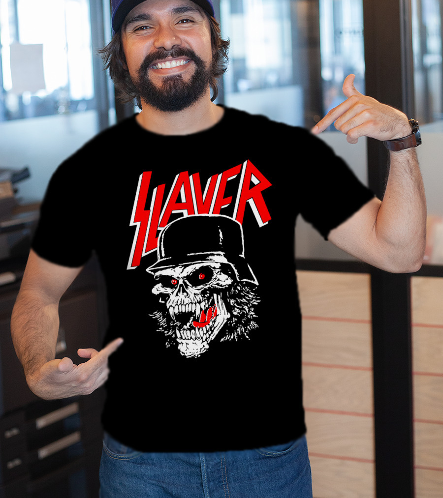 Slayer Skull With Helmet And Red Eyes T-Shirt