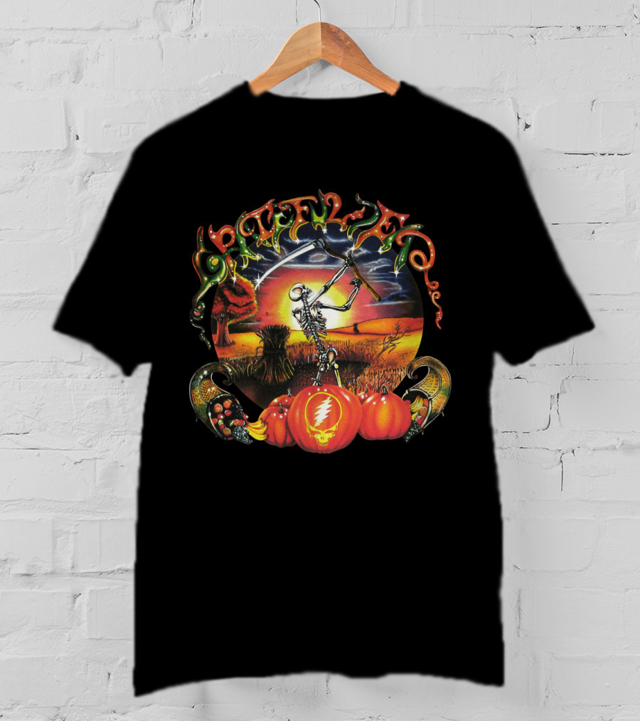 Grateful Dead Skeleton Scythe Harvest Lightning Bolt Pumpkins T-Shirt
