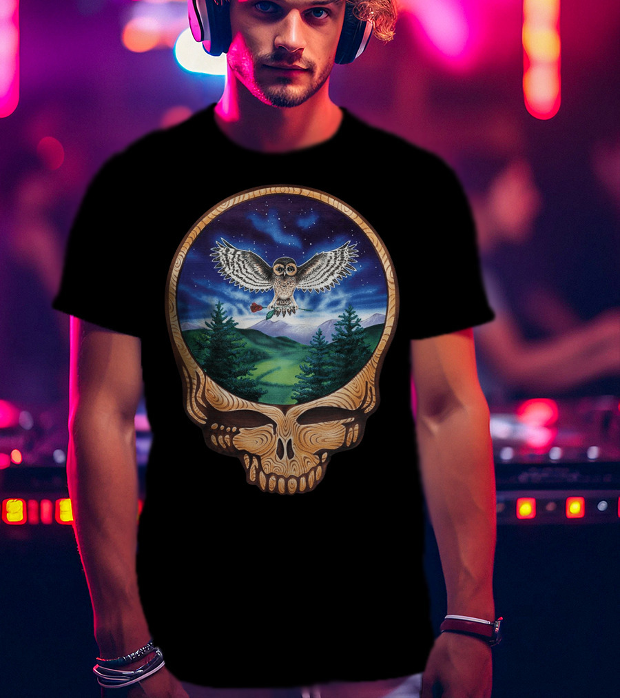 Grateful Dead Steal Your Face Owl In Night Sky Forest Scene T-Shirt