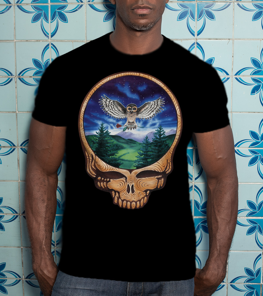 Grateful Dead Steal Your Face Owl In Night Sky Forest Scene T-Shirt