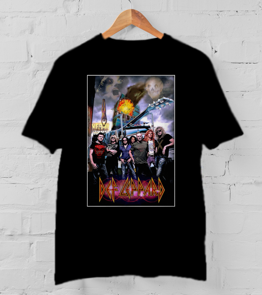 Def Leppard Band Imagery With Skull And Guitar Scene T-Shirt
