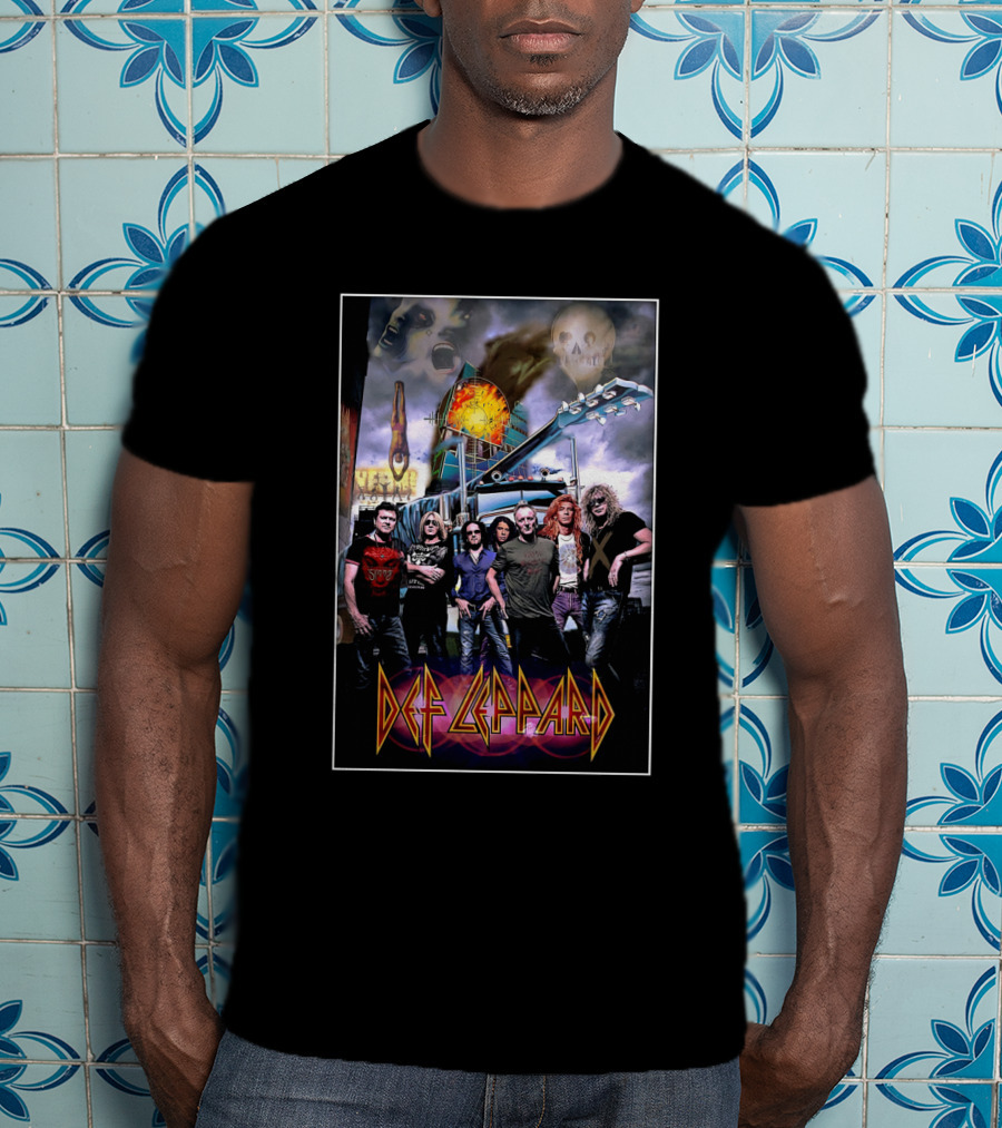 Def Leppard Band Imagery With Skull And Guitar Scene T-Shirt