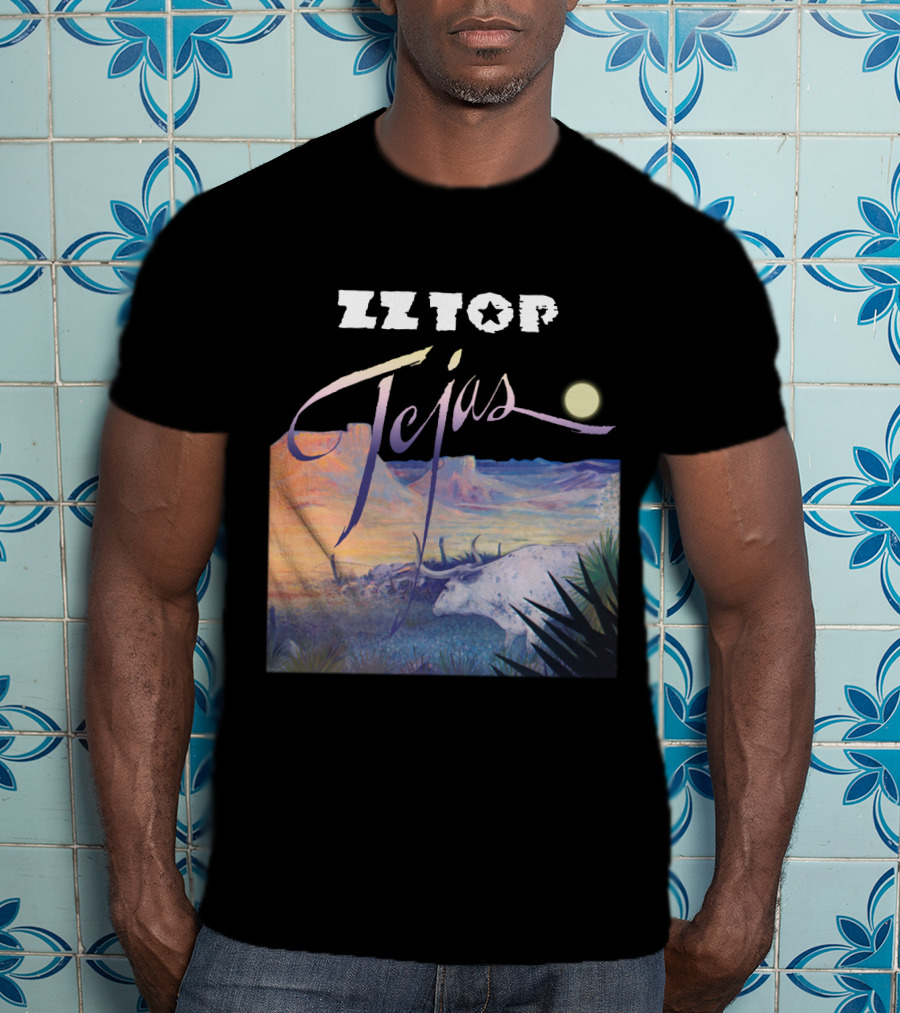 Zz Top Tejas Desert Scene With White Longhorn Under Moon T-Shirt
