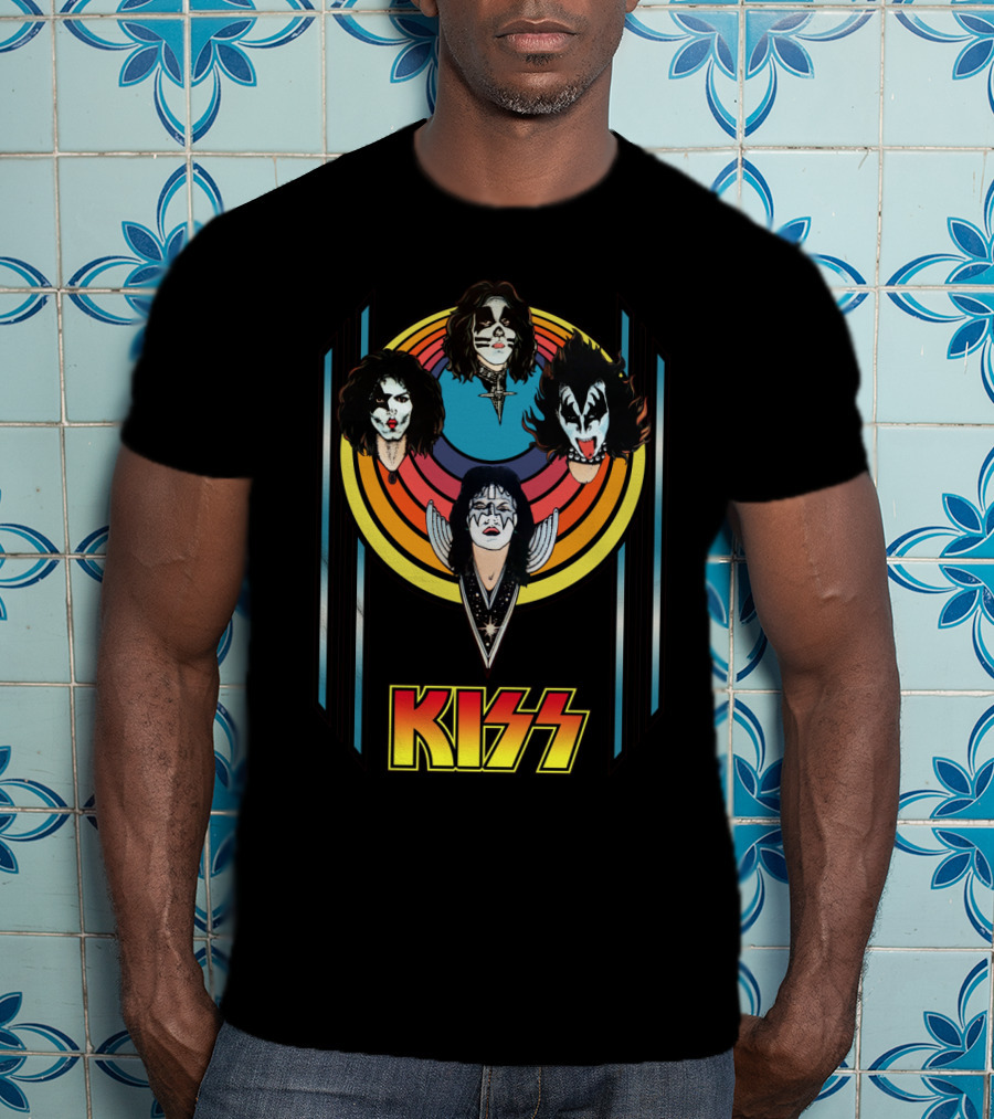 Kiss Band Iconic Faces With Colorful Stripes Retro Style T-Shirt