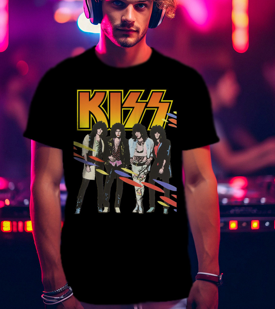 Kiss Band Retro Look With Colorful Stripes T-Shirt