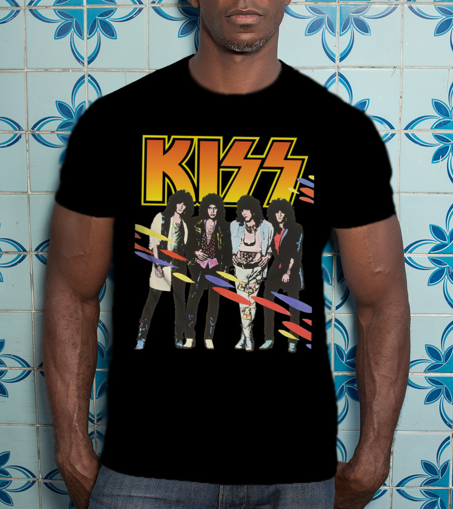Kiss Band Retro Look With Colorful Stripes T-Shirt