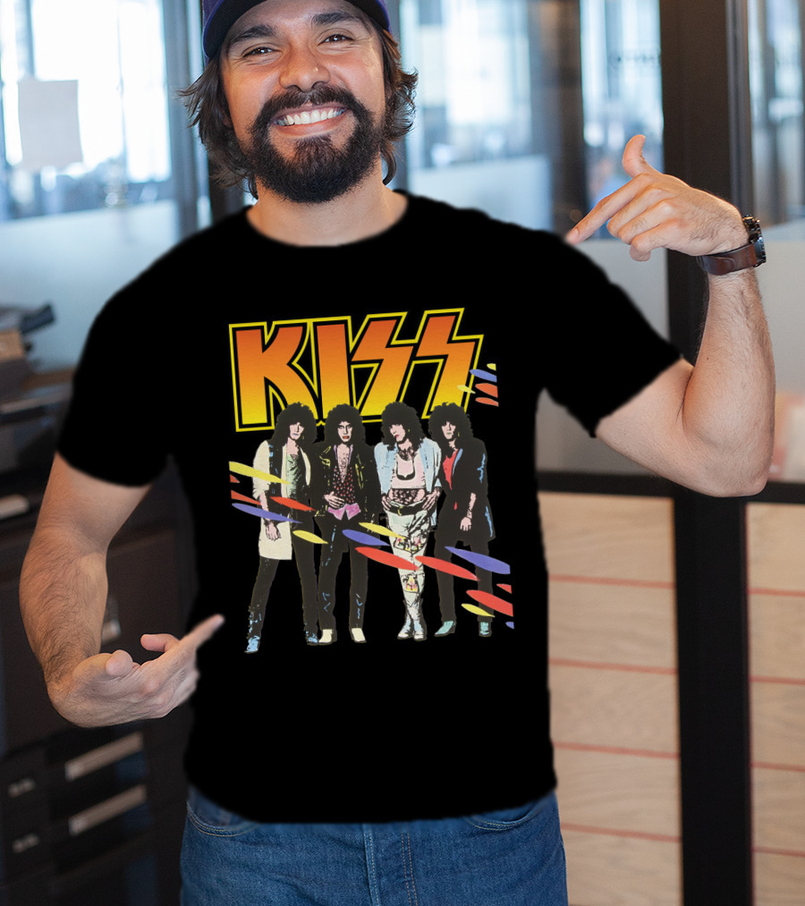 Kiss Band Retro Look With Colorful Stripes T-Shirt