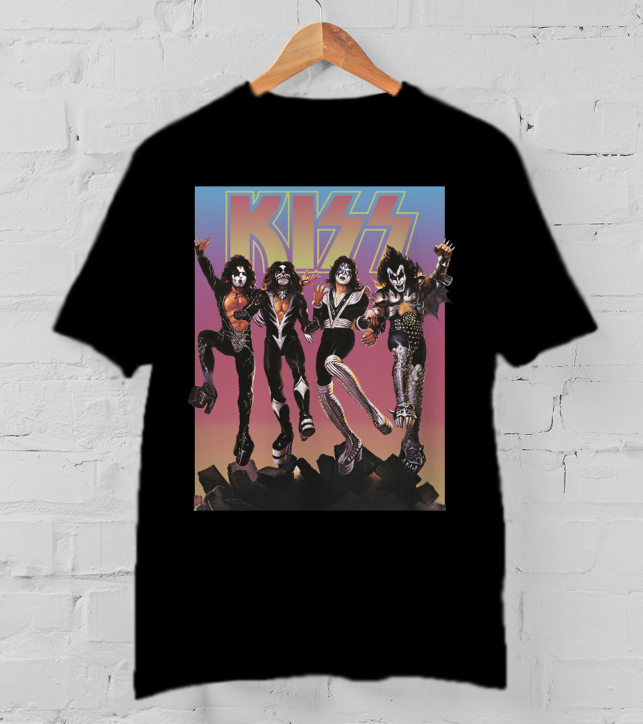 Kiss Band Characters With Bold Logo And Colorful T-Shirt