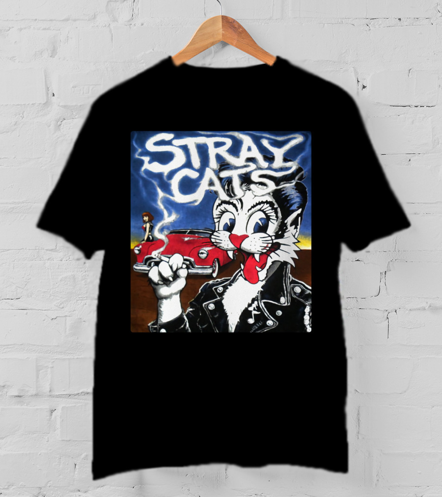 Stray Cats Rockabilly Band Retro Art With Cat Smoking In Leather Jacket T-Shirt