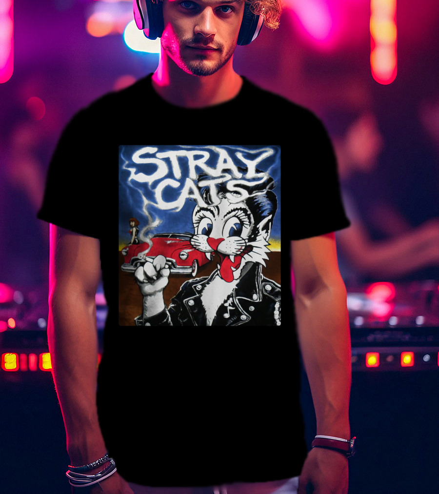 Stray Cats Rockabilly Band Retro Art With Cat Smoking In Leather Jacket T-Shirt