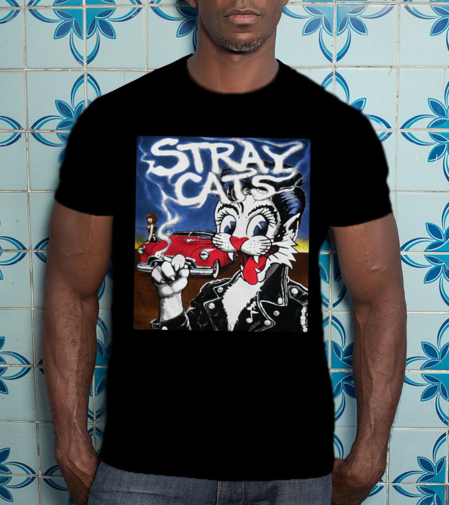 Stray Cats Rockabilly Band Retro Art With Cat Smoking In Leather Jacket T-Shirt