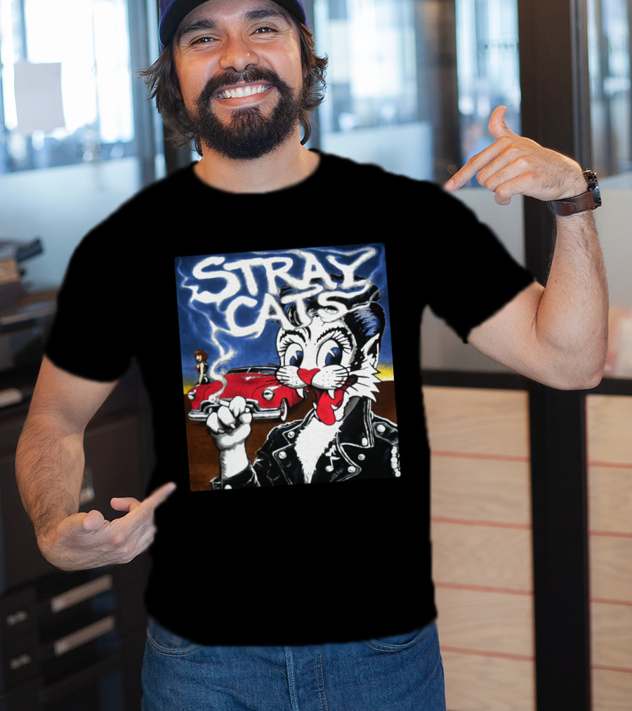 Stray Cats Rockabilly Band Retro Art With Cat Smoking In Leather Jacket T-Shirt
