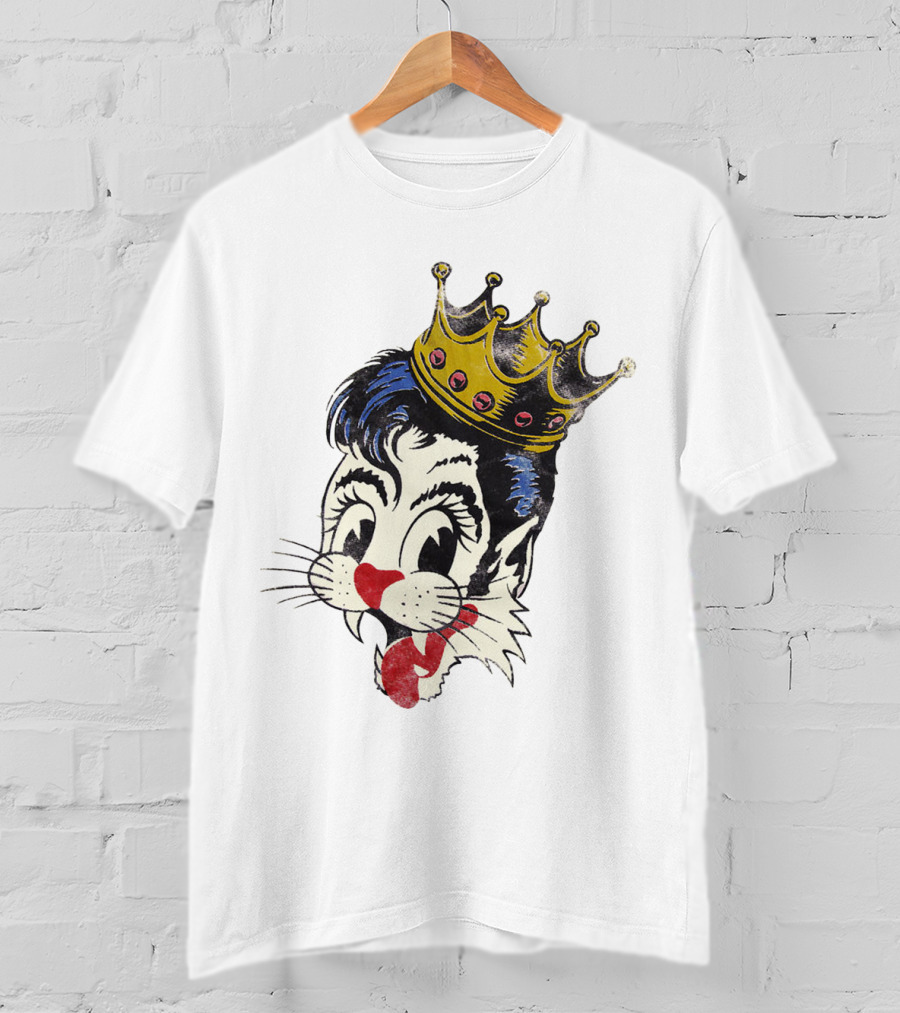 Crowned Cartoon Cat With Heart-Shaped Nose And Whiskers T-Shirt