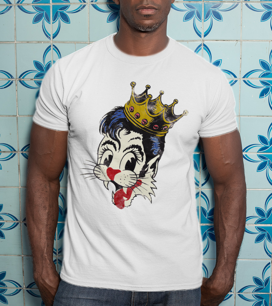 Crowned Cartoon Cat With Heart-Shaped Nose And Whiskers T-Shirt