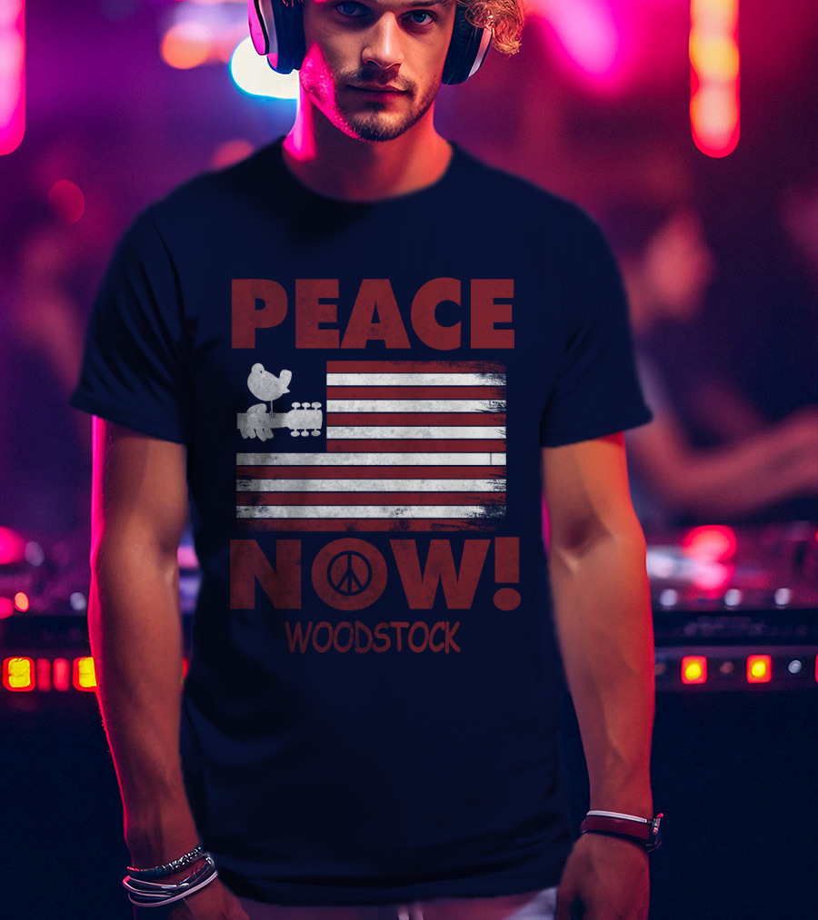 Woodstock Peace Now! American Flag Guitar Bird T-Shirt
