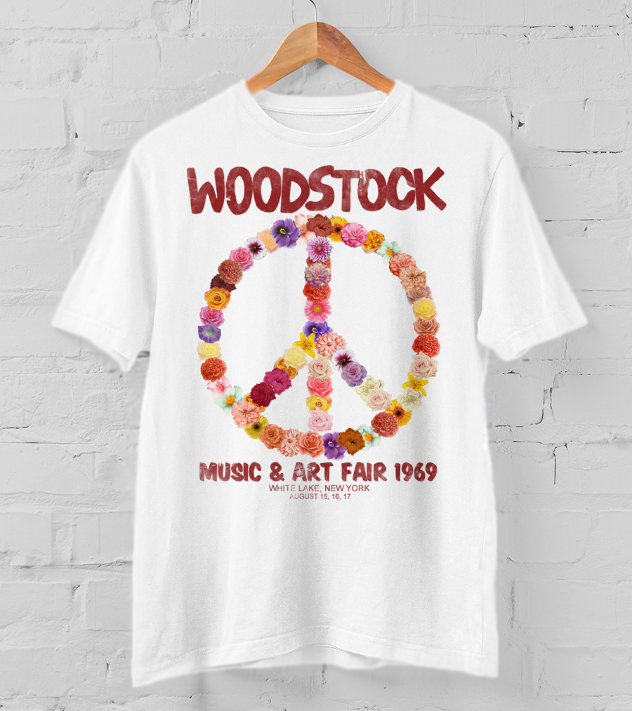 Woodstock Music & Art Fair 1969 Peace Symbol Flowers White Lake New York August T-Shirt