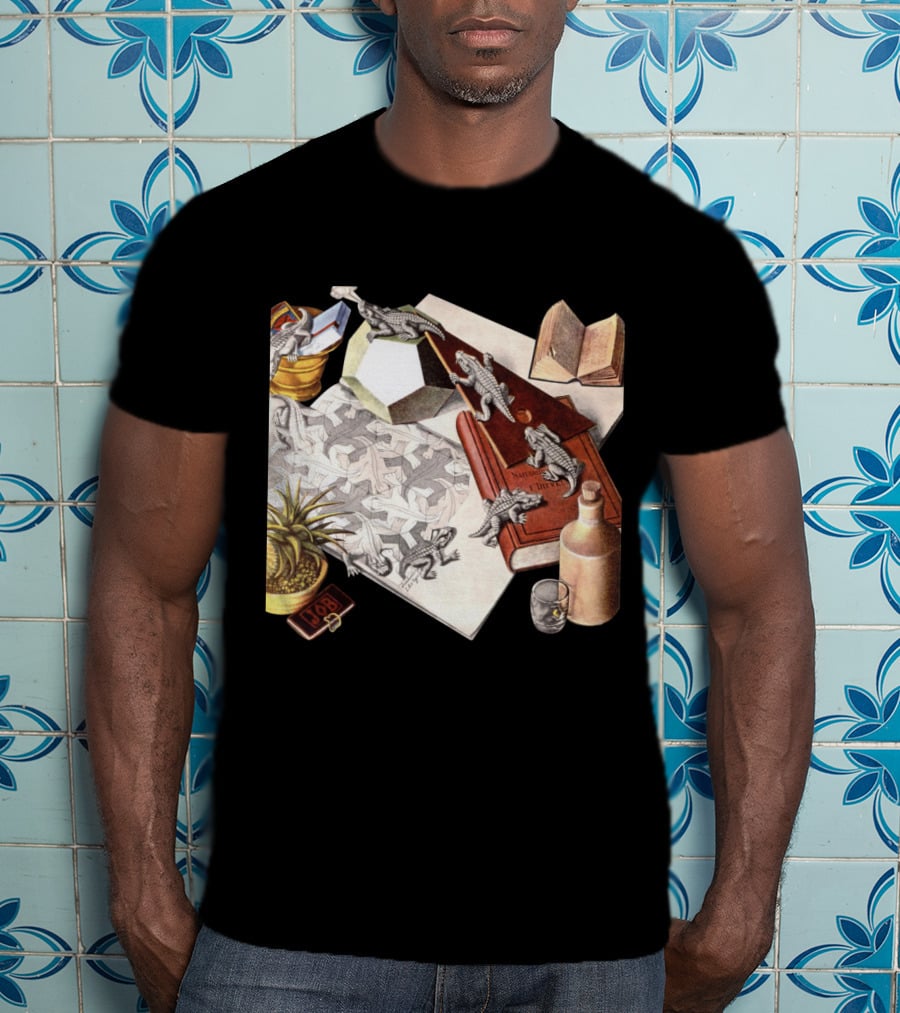M.c. Escher 1988 Reptiles Optical Illusion Morphing Creatures Book And Geometric Patterns T-Shirt