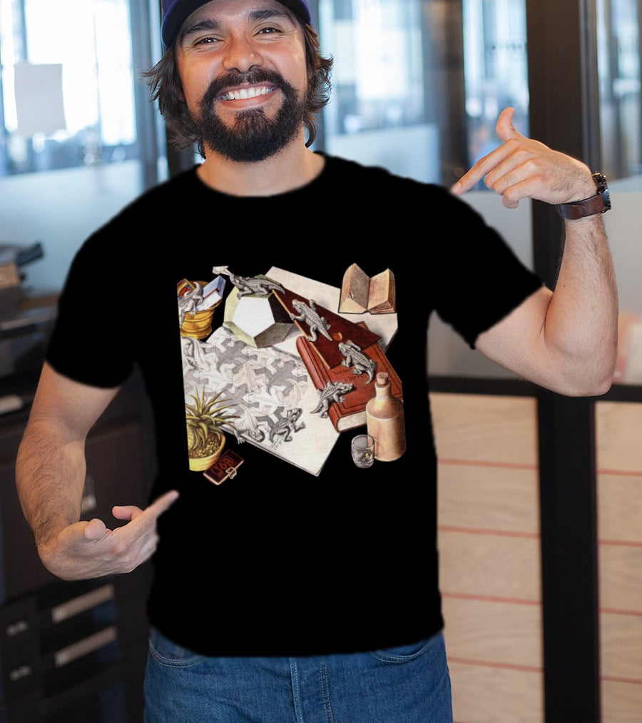 M.c. Escher 1988 Reptiles Optical Illusion Morphing Creatures Book And Geometric Patterns T-Shirt