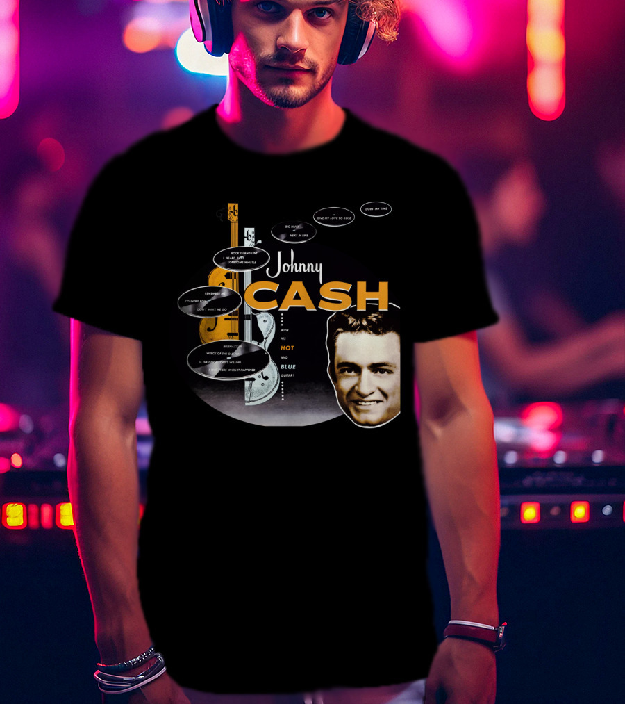 Johnny Cash Man In Black Hot And Blue Guitar Songs T-Shirt