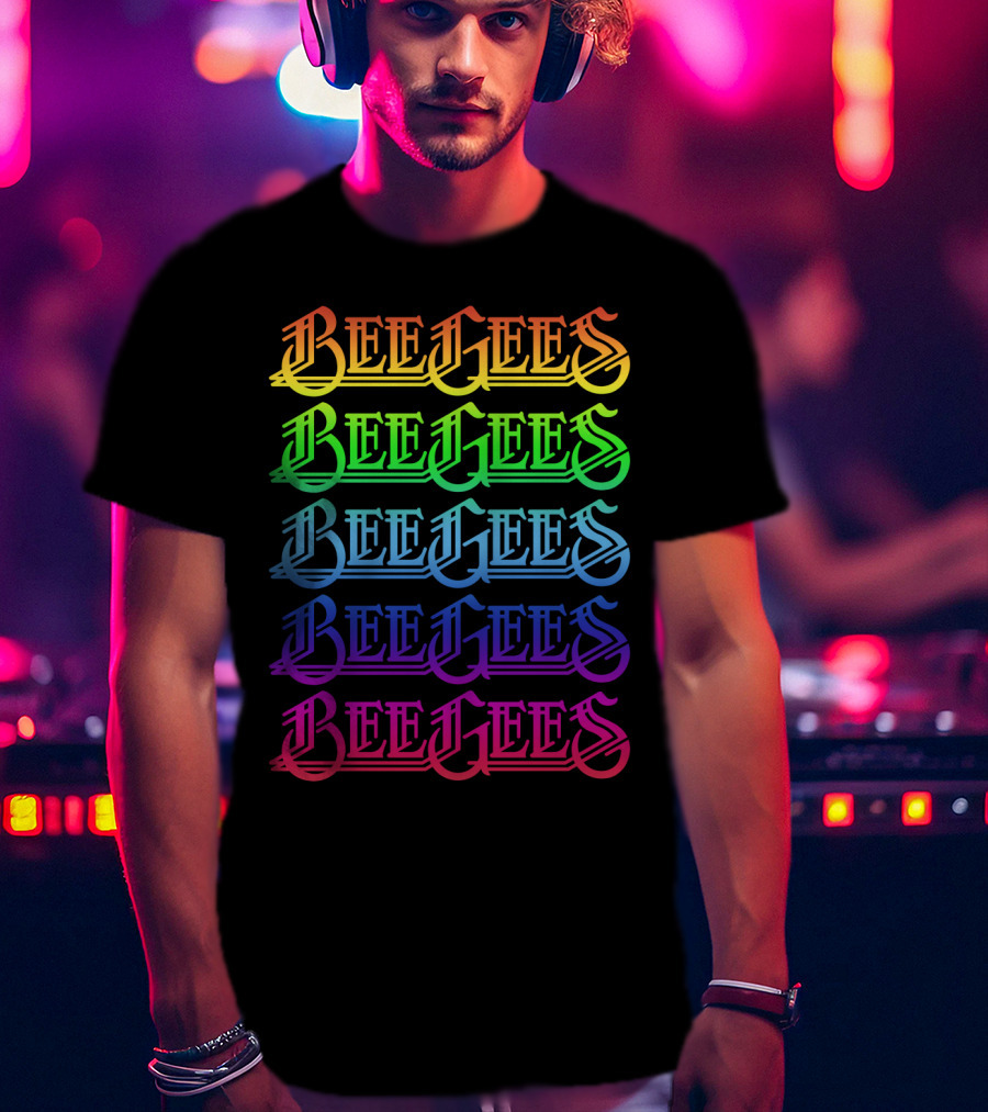 Bee Gees Rainbow Text Multi-Color Typography T-Shirt