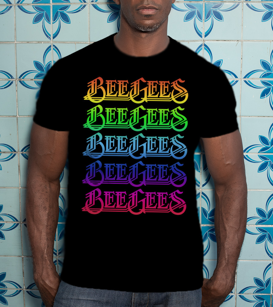Bee Gees Rainbow Text Multi-Color Typography T-Shirt