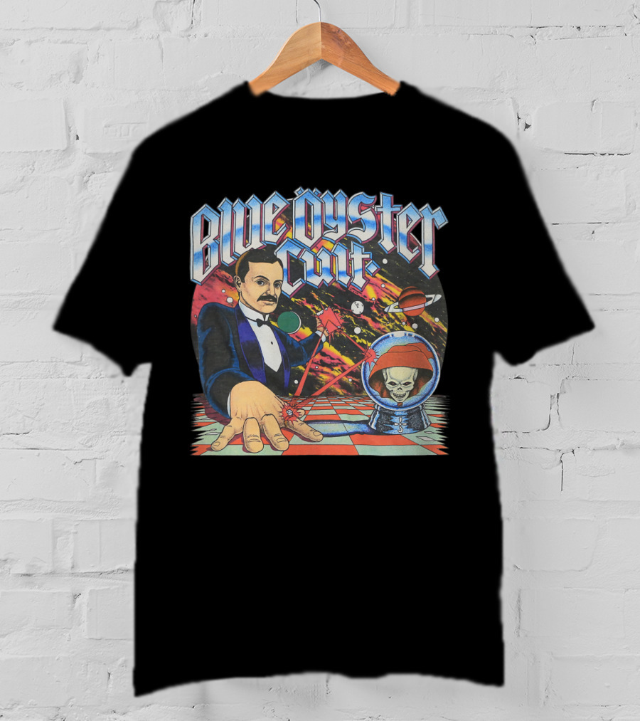 Blue Öyster Cult Science Fiction Cosmic Man And Alien Skull Planets T-Shirt